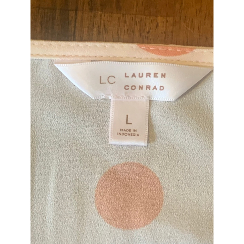 Lauren Conrad Dress Large White Peach Polka Dots Faux Wrap MIDI Flutter Sleeves - Picture 6 of 11